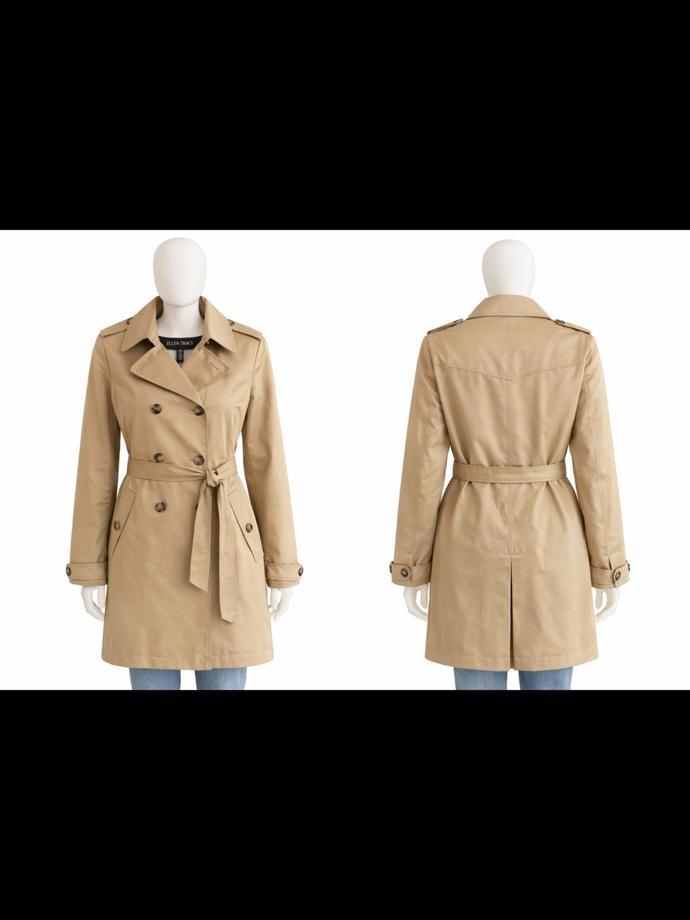 Ellen Tracy Size Small NEW Classic Tan Double-Breasted Trench Coat with Belt